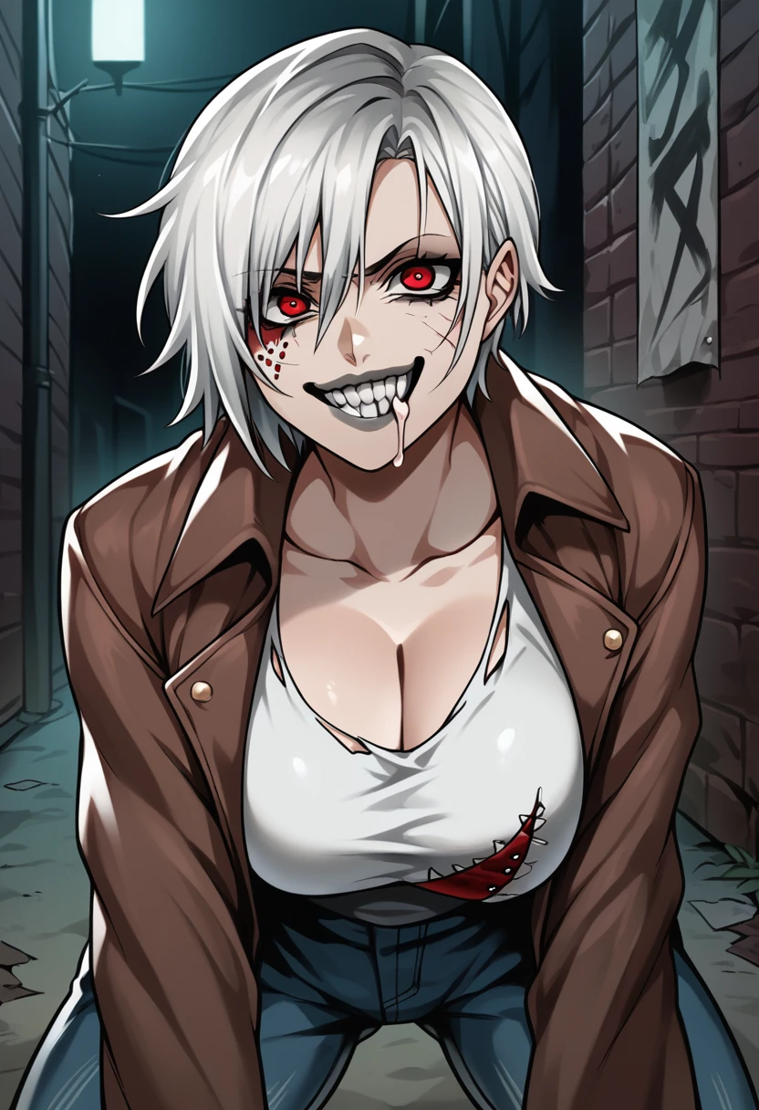 SFW, a creepy young woman with pale skin and a twisted smile, serial killer, slasher villain, short white hair and red eyes, oversized clothes, worn and tattered clothing, wifebeater and jeans, ripped shirt big jacket, ripped clothes, Jason Voorhees, large bust, plump lips, grey lips, tongue hanging out, drooling, wide smile, unwashed teeth, glaring at viewer, threatening, hunched over, dark street background, stalking in a dark alley, late at night