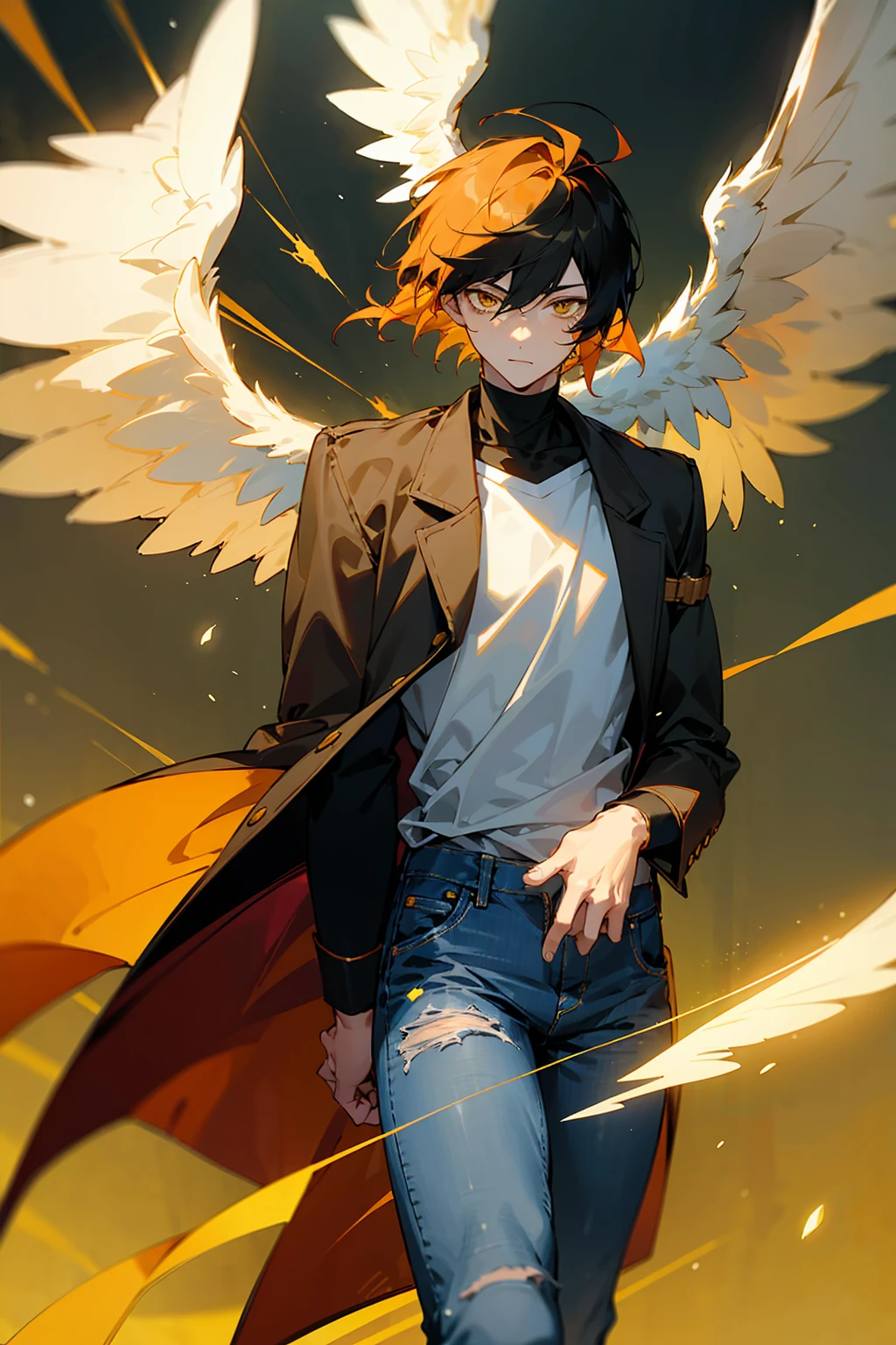 1male, Young Adult, Light Orange Hair, Black Hair, Two Toned Hair, Short Hair, Yellow eyes, Disheveled Hair, Radiant, Coat, Jeans, Masculine, Beautiful Lighting, Angel Wings, Flying, Muscular