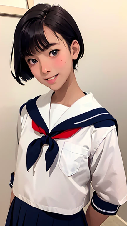 Highest quality、Realistic、、zoom、Primary school students、Girl、look up、cute、Light grey eyes、Black Hair、Short Hair、boyish、Tanned brown skin、Dark Skin、Sailor suit、Shy laugh、Flat Chest、Bust Shot、thin