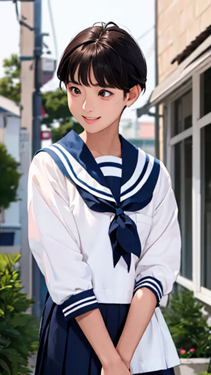 highest quality、realistic、、zoom、primary school students、girl、look up、cute、light grey eyes、black hair、short hair、boyish、tanned br...