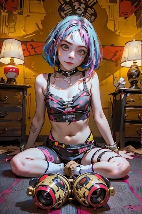 sitting in front of a cyberpunk drum、punkcore、colorful leopard print outfit