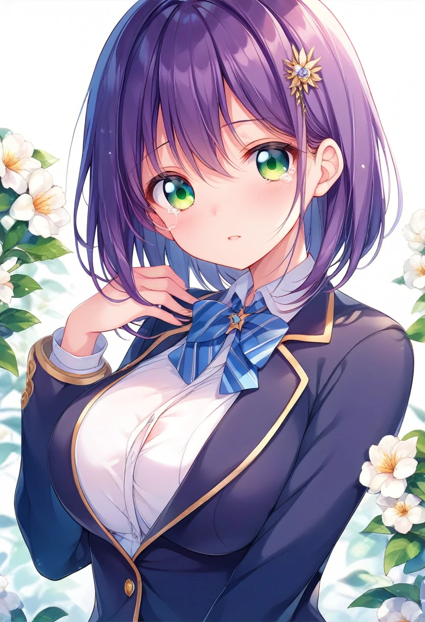 クールビューティーなbeautiful girl、Purple Hair、Bob Short Hair、Green Eyes、Large Breasts、Comforting a crying child
、Sharp Eyes、Gentle expression、、beautiful girl、Wearing a blazer uniform、Beautiful eyelashes、Beautiful high school girl