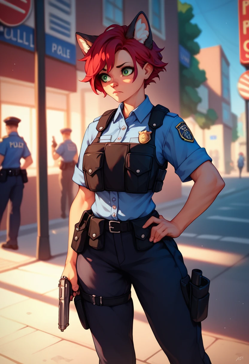 SFW, a cute young woman in a police uniform, short fluffy red hair and green eyes, american police, bulletproof vest, worried but trying to appear calm, blue shirt and black pants, holstered handgun on hip, standing on a street corner, afternoon lighting