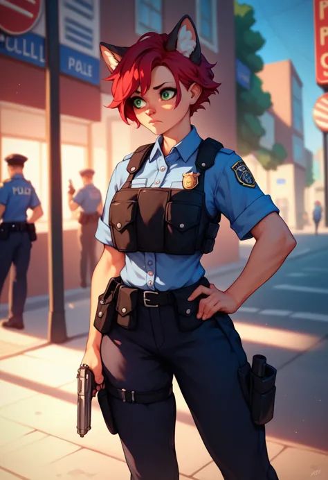 sfw, a cute young woman in a police uniform, short fluffy red hair and green eyes, american police, bulletproof vest, worried bu...