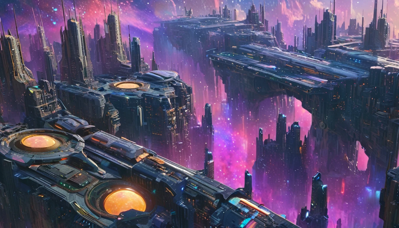 Vibrant nebula cores in the background, futuristc city, a beautiful planet occupying the sky, spaceship hovering over the city