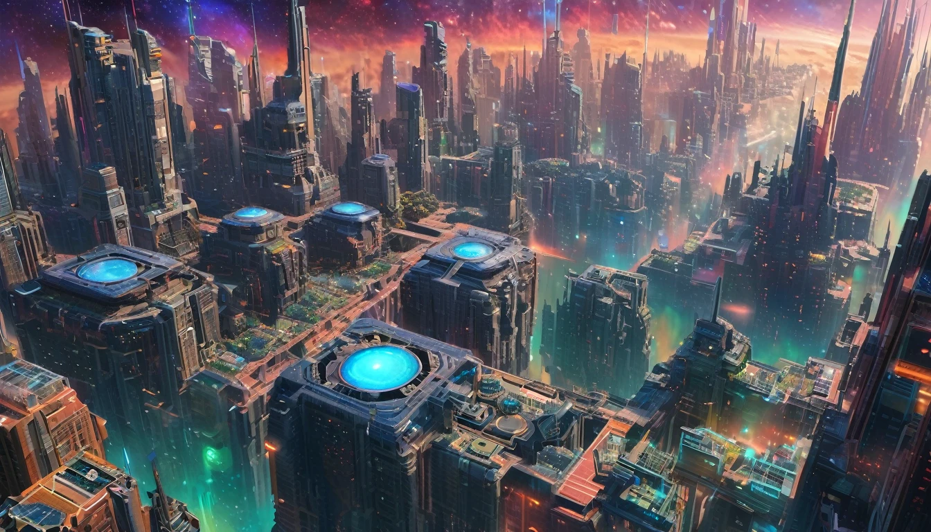 Vibrant nebula cores in the background, futuristc city, a beautiful planet occupying the sky, spaceship hovering over the city