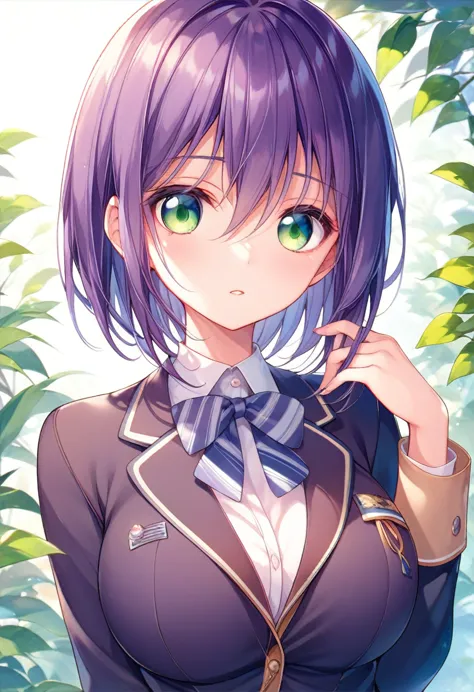 クールビューティーなbeautiful girl、purple hair、bob short hair、green eyes、large breasts、
、sharp eyes、gentle expression、、beautiful girl、wear...