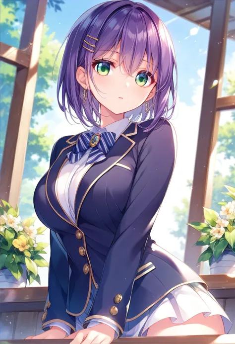 クールビューティーなbeautiful girl、purple hair、bob short hair、green eyes、large breasts、
、sharp eyes、gentle expression、、beautiful girl、wear...