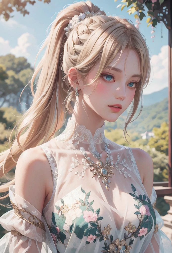 A beautiful anime-style woman in a pink, elegant and regal dress, with delicate eyes and irises, bare shoulders, long flowing blonde hair in a braided and ponytail style, in an ornate floral hall surrounded by lush green nature, in a close-up portrait view, (best quality, 4k, masterpiece, highly detailed), animated.