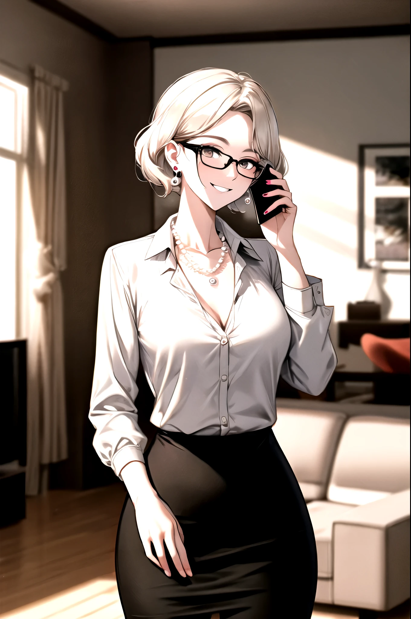 （（super high quality,Ultra-high resolution,4K,8k,super masterpiece,Ultra HD ,Detailed shading））,Looking at the camera,The living room bathed in morning sunlight,Full body photo,A seductive mother,popped collar White shirts,Tight collar,Long sleeve,BLACK Pencil Skirt,sexly,Glasses,smile,Pearl Earrings,Pearl Necklace,Engagement Rings,Hold your phone to your ear,slouch,