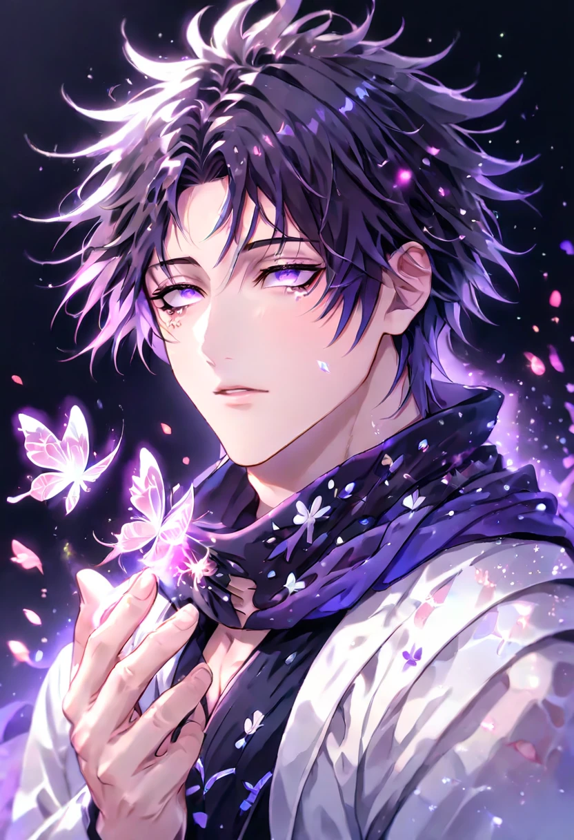 absurdres, highres, ultra detailed, HDR, master piece, Choso, black hair, expressive purple eyes, purple scarf, white clothes, Jujutsu Kaisen, fantasy, glittering pink butterflies, petals, magical, handsome, sexy man, solo, very detailed eyes and face, glittering, pink flowers, sensual, horny, crystal glass magic, pink shining fireflies, pink fire, manly man,