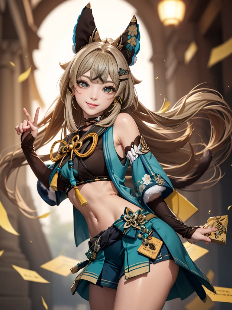 (masterpiece, best quality:1.2), solo, 1girl, kirara, smile, looking at viewer, arms behind back, ahegao, hair ornament, animal ears, detached sleeves, blue miniskirt, (gloves:1.1), tassel, midriff