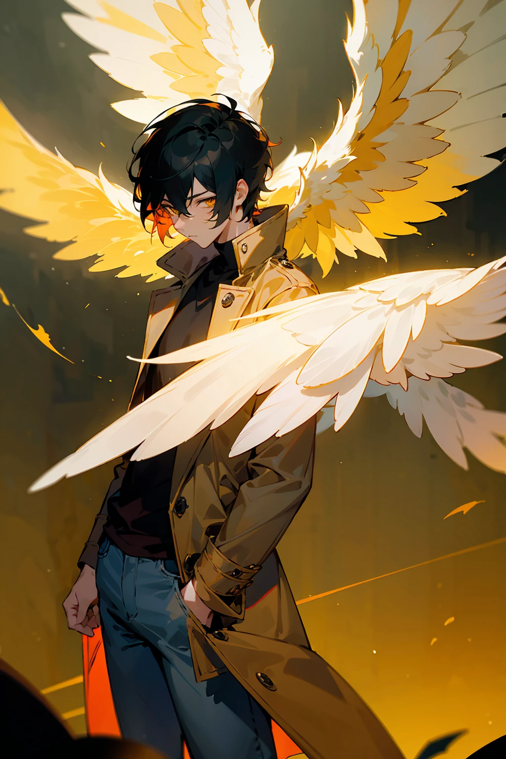 1male, Young Adult, Light Orange Hair, Black Hair, Two Toned Hair, Short Hair, Yellow eyes, Disheveled Hair, Radiant, Oversized Coat, Jeans, Masculine, Beautiful Lighting, Angel Wings