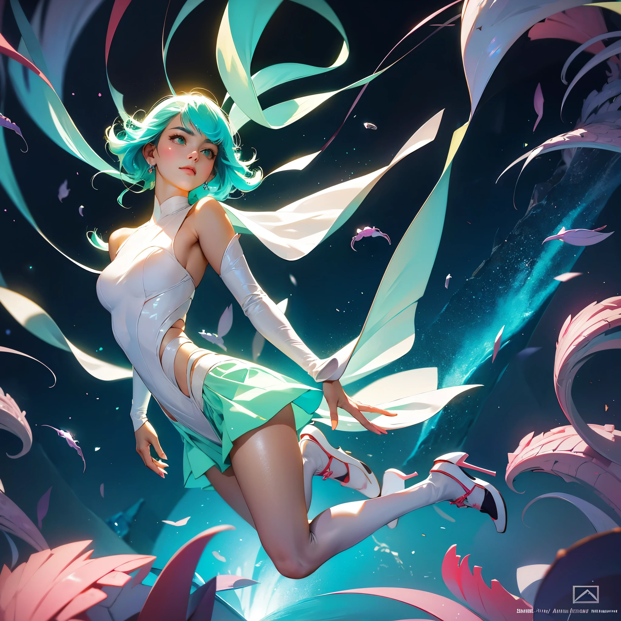 A geometric low poly, serene spacegirl with relaxed pose, adorned in retro-futuristic attire, including heels and an aviator helmet, surrounded by ethereal, glowing spider webs, amidst a vibrant biome landscape of turquoise, iridescent crystals, and luminescent green tentacles. Her outfit features a mix of 70s-inspired geometric patterns, blended with low-poly fractal elements, reminiscent of Hajime Sorayama's style. Soft, pastel hues with neon undertones evoke a nostalgic, hand-drawn feel, imbuing the artwork with a dreamy, otherworldly quality. Folds of delicate, origami-paper-inspired textures accentuate her robotic limbs, while holographic, pearlescent, and glitter accents dance across her suit. Her face, softened with a subtle glow, bears a gentle, anime-inspired expression. The atmosphere is bathed in divine, soft-focus light, with sunbeams and glowing bioluminescence permeating the space. The landscape itself is a blend of mystical, underwater caverns and celestial clouds, inviting the viewer to explore. The entire scene is depicted with vibrant clarity, as if created with stationery and crafted with intricate papercraft details, resplendent in a bright 8K resolution with  megapixels.