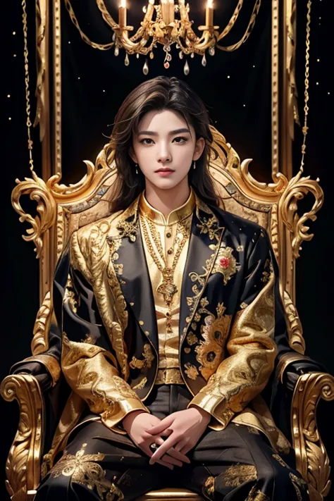 masterpiece、top quality、top quality、official art、beautiful beautiful ,1 boy , sitting on a golden throne, very detailed, fractal...