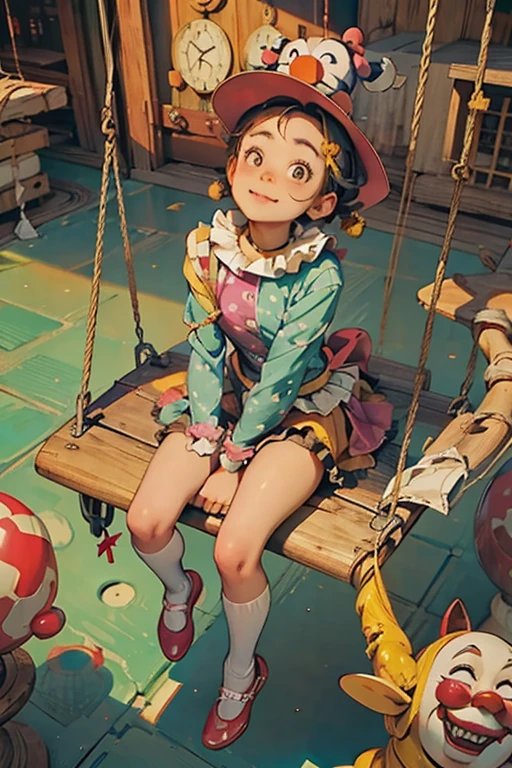 Sitting on a swing, looking up at the sky、Clown costume、Clock Tower