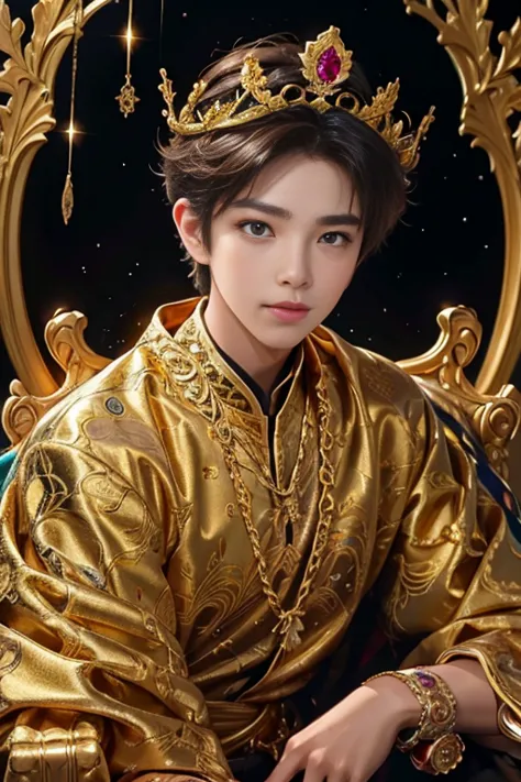 masterpiece、top quality、top quality、official art、beautiful beautiful ,1 boy , sitting on a golden throne, very detailed, fractal...