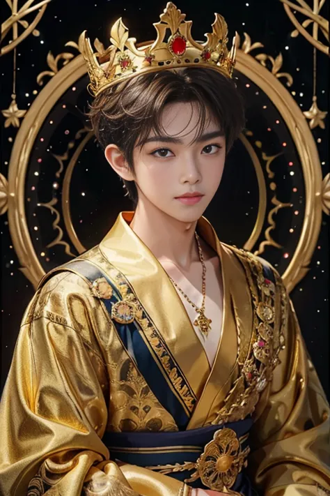 masterpiece、top quality、top quality、official art、beautiful beautiful ,1 boy , sitting on a golden throne, very detailed, fractal...