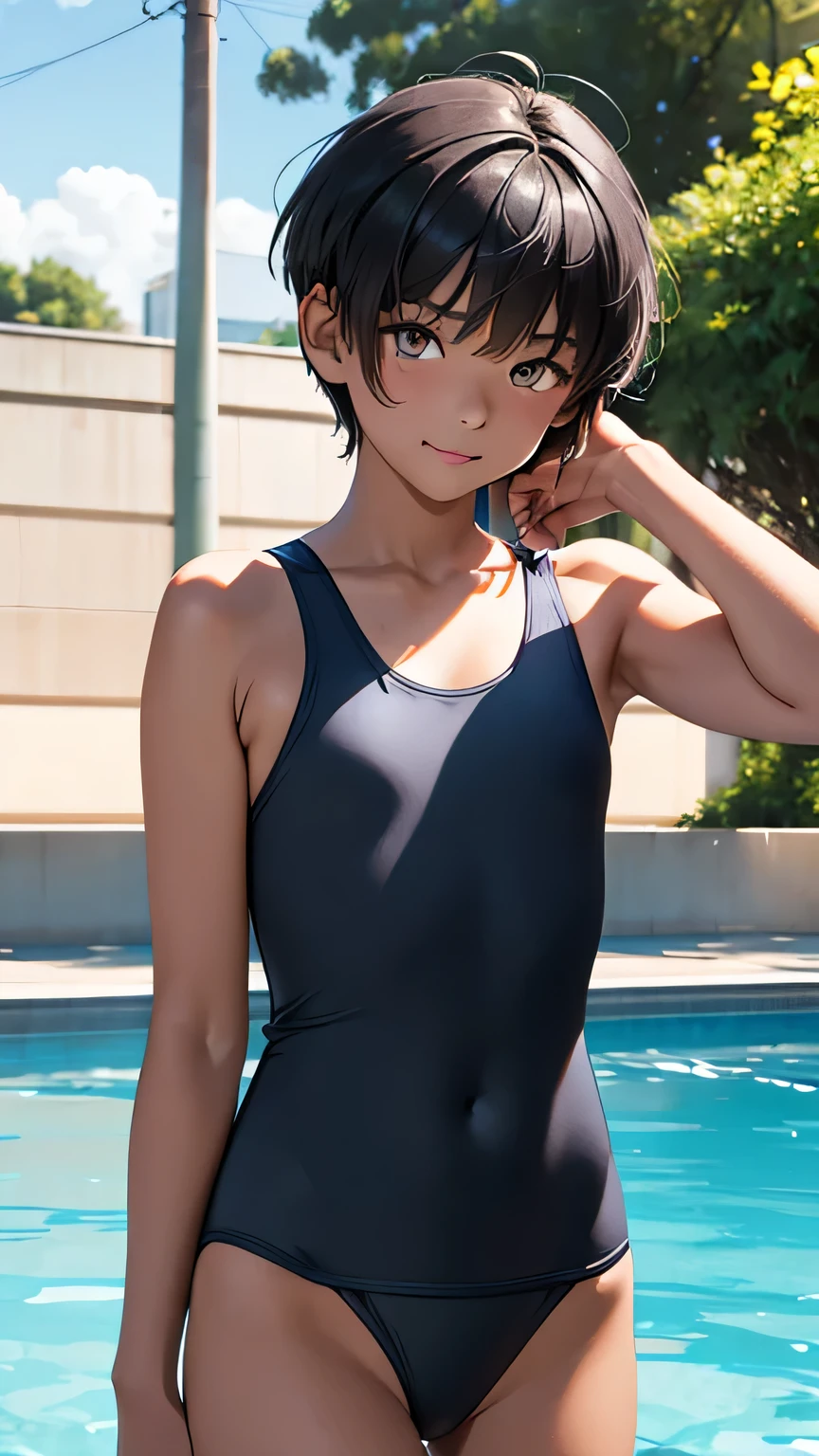 Highest quality、Realistic、、zoom、Primary school students、Girl、look up、cute、Light grey eyes、Black Hair、Armpit hair、short hair、Tanned brown skin、Dark Skin、School Swimsuit、Navy blue swimsuit、Shy laugh、Flat Chest、Bust Shot、thin、Pool