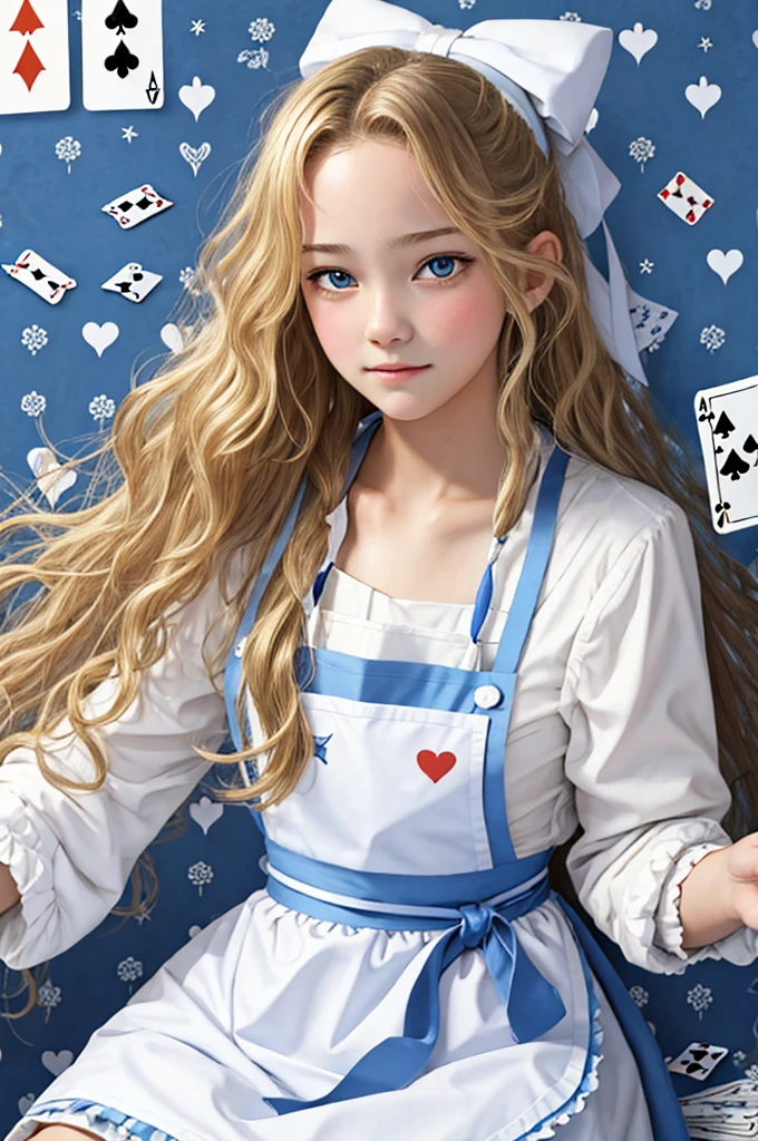 highest quality, ultra high resolution, realistic, cute girl pictures, detailed face, (Pueros face_V1:0.008), alice in wonderland, 13yo, blonde wavy hair, white apron, blue clothes, playing card pattern background, no makeup