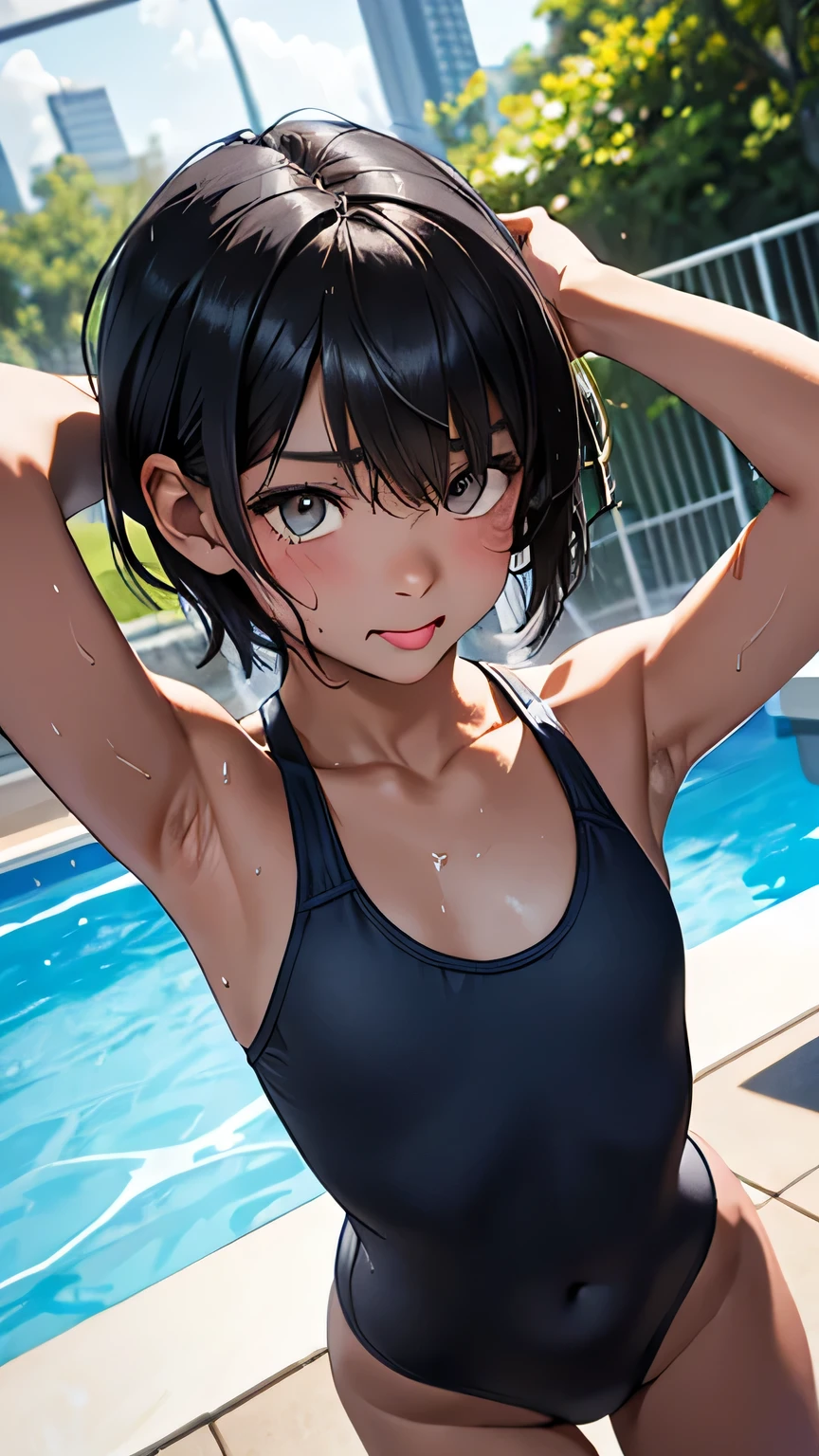 Highest quality、Realistic、、zoom、Primary school students、Girl、look up、cute、Light grey eyes、Black Hair、Armpit hair、short hair、Tanned brown skin、Dark Skin、School Swimsuit、Navy blue swimsuit、Sweat、Shy laugh、Lengthen the tongue、Flat Chest、Bust Shot、thin、Pool