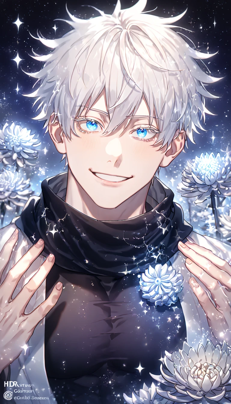 absurdres, highres, ultra detailed, HDR, master piece, best quality, extremely detailed, Gojou Satoru, white hair, expressive blue eyes, white eyelashes, Jujutsu Kaisen, solo, sexy man, handsome, smile, sensual, manly man, horny, white haori, black scarf, black tight T-shirt, fantasy, water, sparkling, silver glittering fireflies, silver moon, silver blossoms, silver chrysanthemums, silver sparkling lights, starry sky, magical