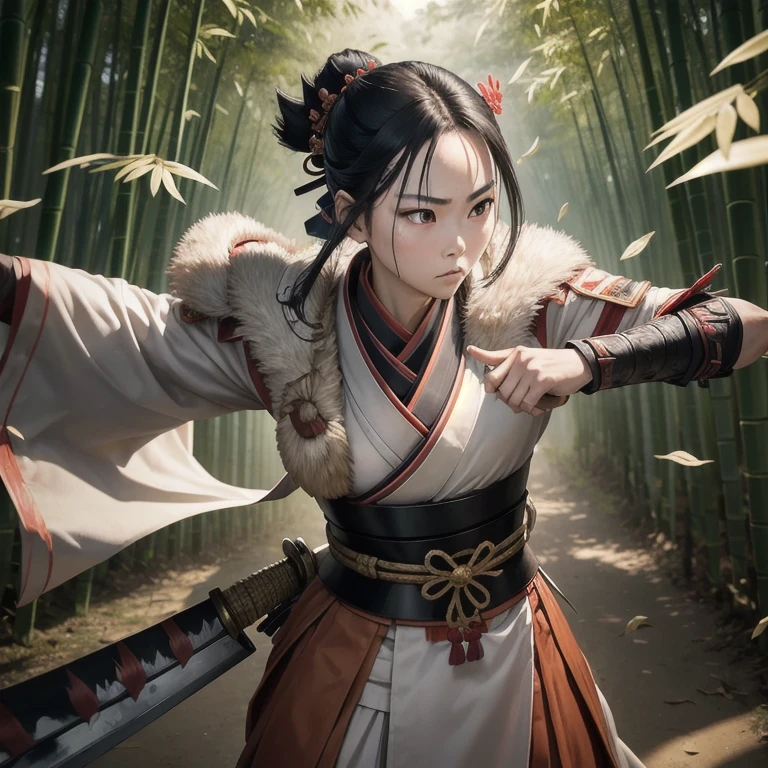 raw photo of a samurai woman, standing in fight position, with a drawn sword in her hands, poised for battle, in full samurai attire (kimono) (wind in a bamboo forest), (the wind lifted the leaves), a shoulder cut ( high fur detail: 1.2), 8k hd, SLR camera, soft lighting, high qualiy, film grain, Fujifilm XT3