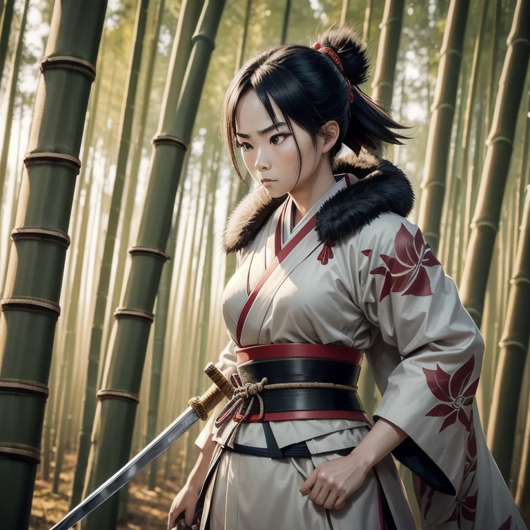 raw photo of a samurai woman, standing in fight position, with a drawn sword in her hands, poised for battle, in full samurai attire (kimono) (wind in a bamboo forest), (the wind lifted the leaves), a shoulder cut ( high fur detail: 1.2), 8k hd, SLR camera, soft lighting, high qualiy, film grain, Fujifilm XT3