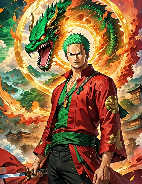 roronoa zoro from anime one piece. three swords. best angle. particle fire. dragon circle. symmetrical epic fantasy art, symmetr...