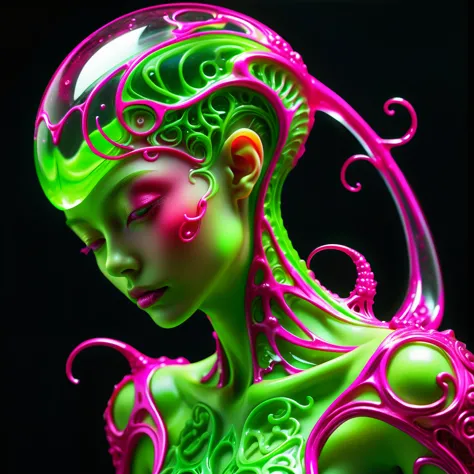 photo, 8k, neon green and hot pink filigree,((surreal)) alien jello sculpture sitiontatue, intricate, elegant, highly detailed, ...