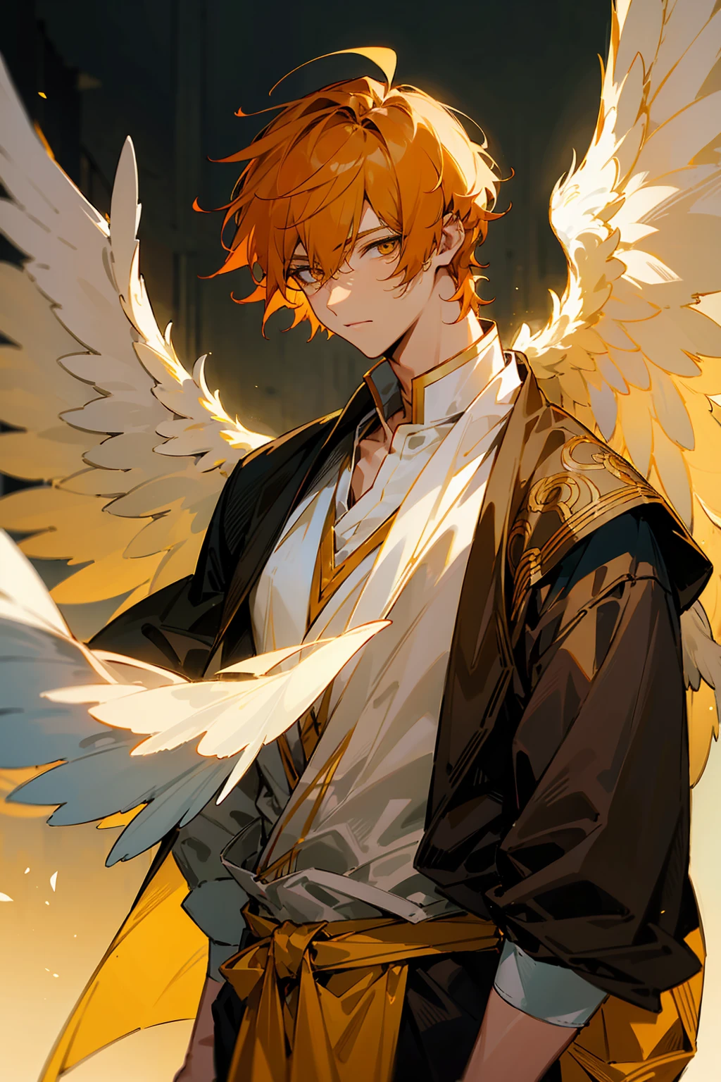 1male, Young Adult, Light Orange Hair, Black Hair, Two Toned Hair, Short Hair, Yellow eyes, Disheveled Hair, Radiant, Masculine, Beautiful Lighting, Angel Wings, Indian Clothing