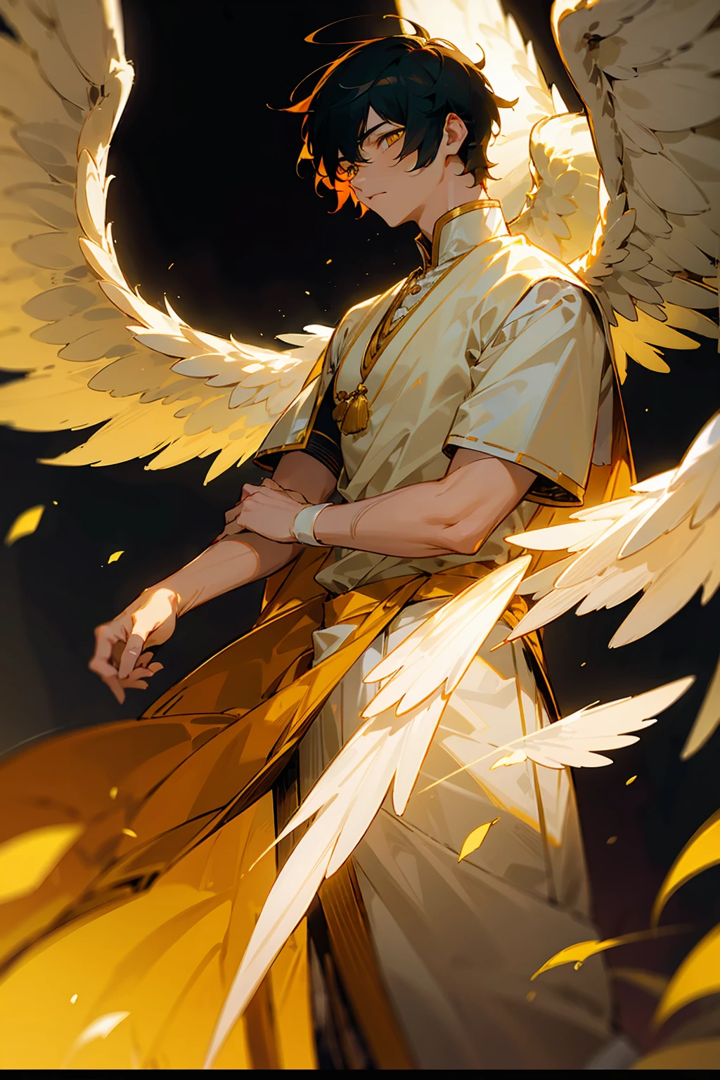 1male, Young Adult, Light Orange Hair, Black Hair, Two Toned Hair, Short Hair, Yellow eyes, Disheveled Hair, Radiant, Masculine, Beautiful Lighting, Angel Wings, Indian Clothing