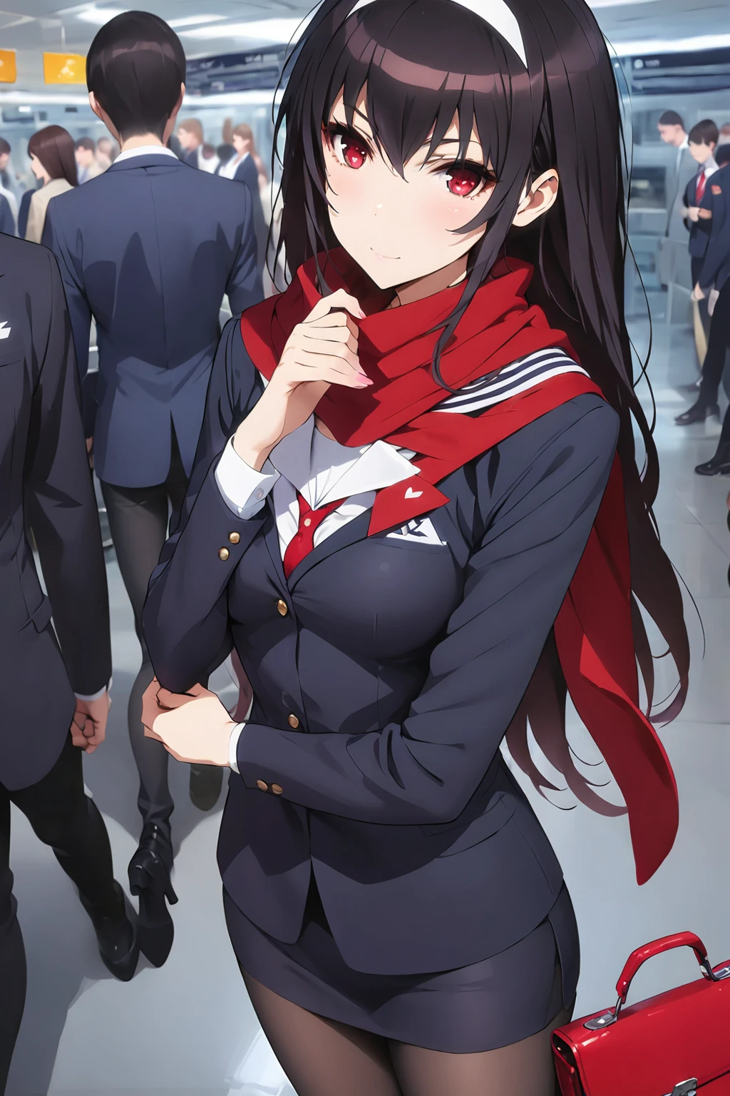 (Extremely detailed, best quality, high resolution, individual，masterpiece，Black haired beauty:1.4), standing beside a beautiful flight attendant,Anya Ivanova, Tall and skinny，Warmth and confidence, Red velvet, Matching blazer, Short pencil skirt,Black high heels, scarf, Side cover, remaining calm、major, a welcoming smile