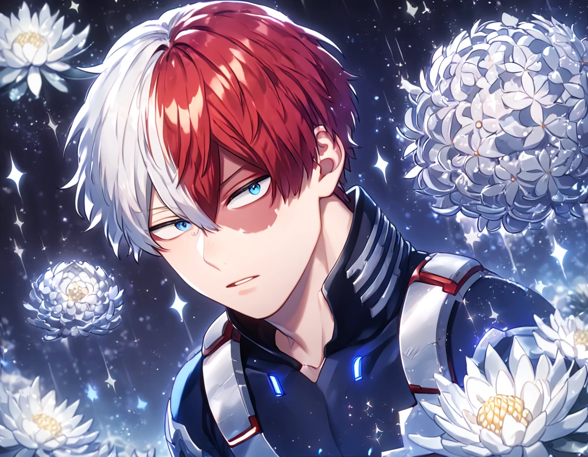 absurdres, highres, ultra detailed, HDR, master piece, best quality, extremely detailed, Todoroki Shouto, bicolor hair, right side white hair, left side red hair, expressive blue eyes, Boku No Hero Academia, solo, sexy man, handsome, sensual, manly man, dark blue hero suit, fantasy, glass, sparkling, silver glittering fireflies, silver moon, silver blossoms, silver chrysanthemums, silver sparkling lights, starry sky, magical