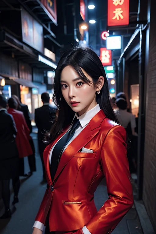 (Beautiful 25 year old Asian hit woman), (Wolf cut black hair), (Pale skin), (Serious face), Skirt Suit, (((Three-piece suit))), (((Dress shirt))), (((tie))), blazer, (((Red suit jacket))), Black shiny lapel (((Waistcoat))), double-breasted Waistcoat, (((Bodycon mini skirt))), Pencil Skirt, tights, pantyhose, Pocket Chief, tieピン, Cufflinks, (Night city background), View from the front, Waist up shot, Dynamic pose, Ambient Lighting, Photographic realism, Intricate facial details, Exquisite handcrafted details, Very detailed, Vibrant colors, Cinematic, High resolution, Trending Styles Raw on Artstation, On all fours, , Excited,