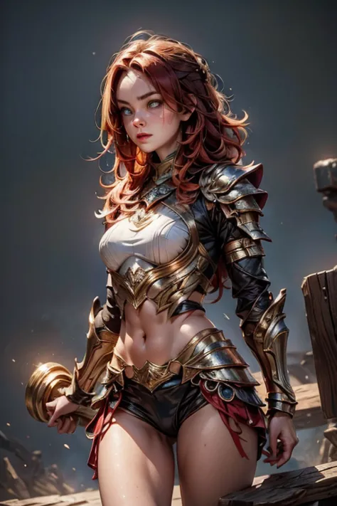 create an image of a tall, muscular woman wearing gleaming plate armor. her skin is fair and unblemished, except for a few small...