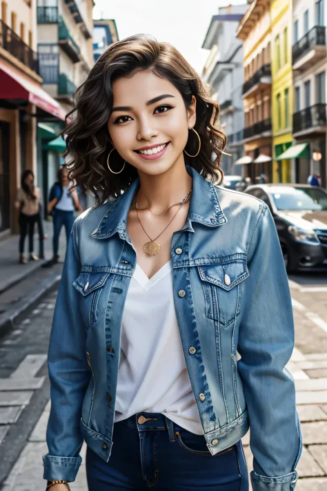 super resolution、beautiful brazilian woman、、short hair、、wavy hair、、ear piercing、necklace、denim jacket、shirt、smile、beautiful teet...