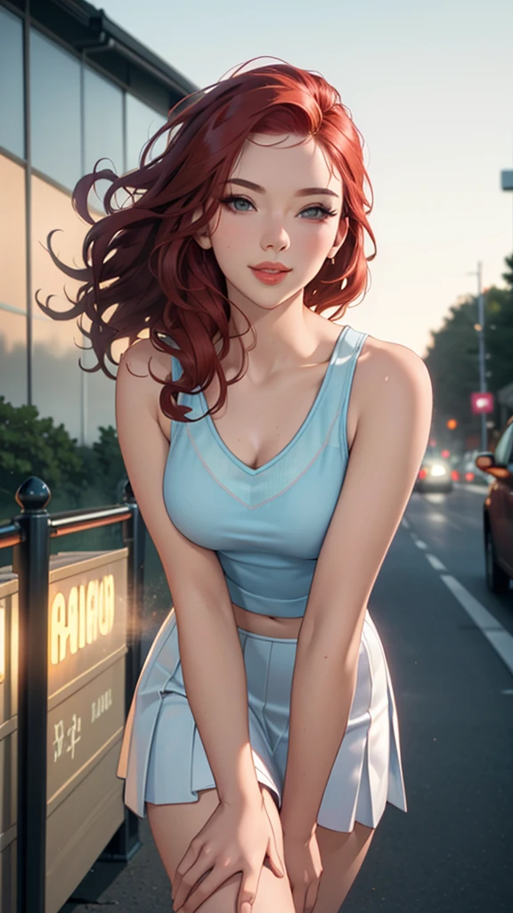 (Best Quality, ultra detailed, photorealistic: 1.39), Face of 25 year old naughty teenager., bright and vibrant colors, studio lighting, romantic expression, short pleated skirt, Beautiful tank top, Elegant makeup, Long, curly, red hair flowing in the wind, attractive eyes, bright lips, pose sexy, smiling confidently and seductively, posing for a professional photo shoot, shallow depth of field, soft natural lighting, creating a dreamy and magical atmosphere.walking down the street, evening, Fireworks in the sky