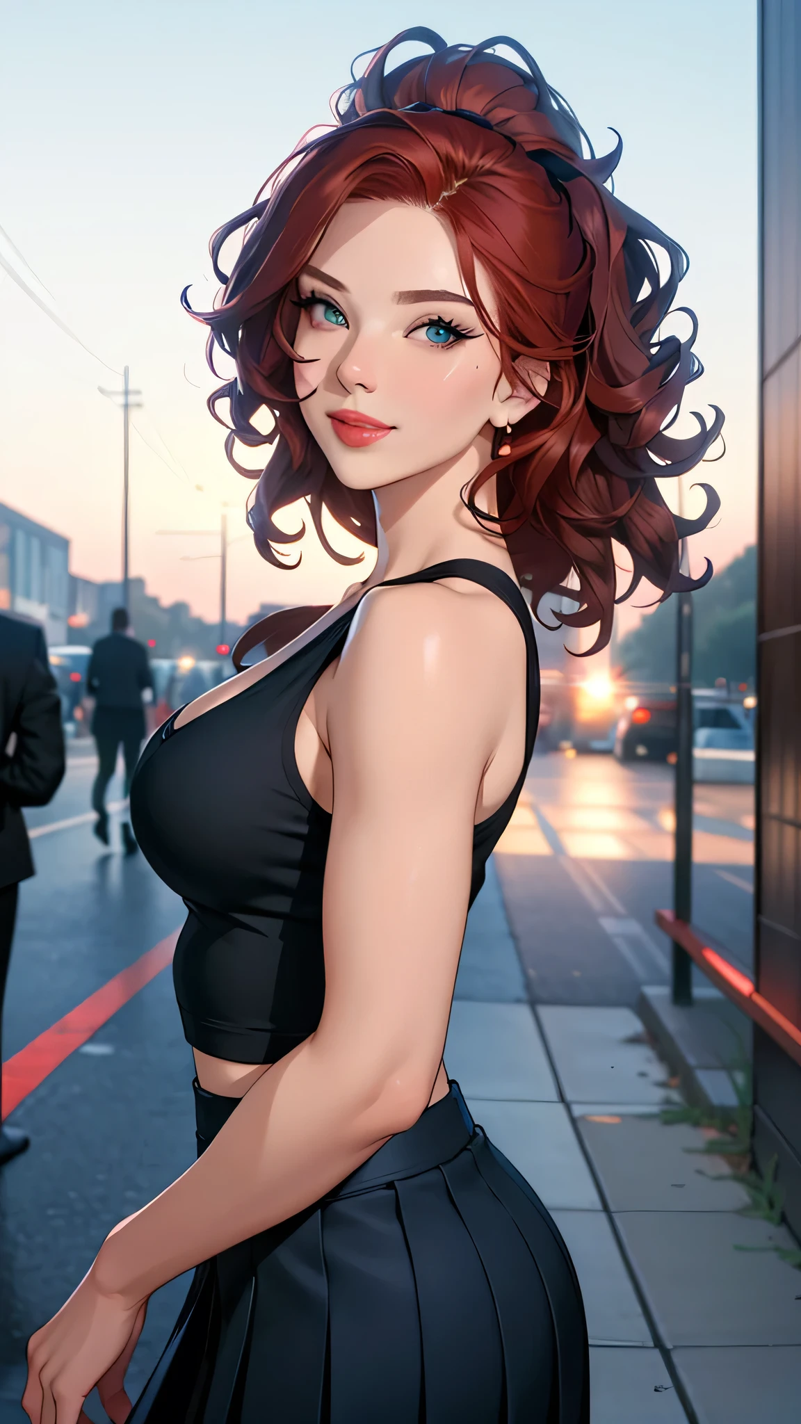 (Best Quality, ultra detailed, photorealistic: 1.39), Face of 25 year old naughty teenager., bright and vibrant colors, studio lighting, romantic expression, short pleated skirt, Beautiful tank top, Elegant makeup, Long, curly, red hair flowing in the wind, attractive eyes, bright lips, pose sexy, smiling confidently and seductively, posing for a professional photo shoot, shallow depth of field, soft natural lighting, creating a dreamy and magical atmosphere.walking down the street, evening, Fireworks in the sky