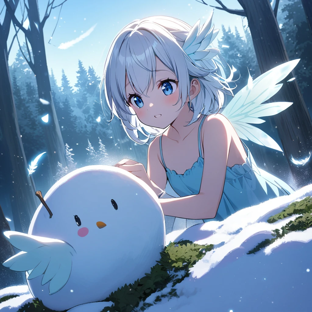 One woman,Ice fairy making a snowman,Young face,White Hair,blue eyes,Winged,Ice feathers,Short,Wearing a camisole, magical sky,Blue sky,in the forest,it&#39;s snowing,very mysterious