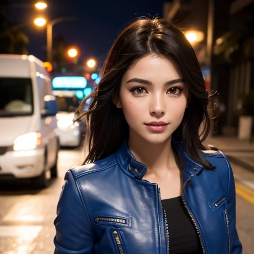 Best quality, realistic, from the front in first person,  on the streets of Los Angeles, (a female mexican Supermodel), (sexy blue leather jacket:1.1), split, seductive smile, (dark hair), (hairstyle:1.0), Perfect eyes, sharp parts, detailed face, face-makeup, cheeks turn red, Eyeliner, eyeshadow, lip gloss, leather pants, boots,  Supermodel, (Deep Focus), (hard lighting), (Night time), (realistic lighting:1.0)