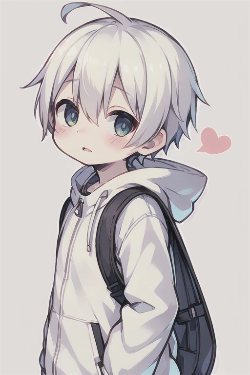 Highest quality, (high quality),eye highlights,arms are thin, thin body,face, from side,look at viewer,droopy eyes,shy,blush,open your mouth and laugh,(((chilled boy))), (1 boy),(white hair),((very short  hair)),parka, carrying randoseru backpack,heart background,