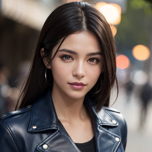 Best quality, realistic, from the front in first person,  on the streets of Los Angeles, (a female mexican Supermodel), (sexy blue leather jacket:1.1), split, seductive smile, (dark hair), (hairstyle:1.0), Perfect eyes, sharp parts, detailed face, face-makeup, cheeks turn red, Eyeliner, eyeshadow, lip gloss, leather pants,leather boots,  Supermodel, (Deep Focus), (hard lighting), (Night time), (realistic lighting:1.0)