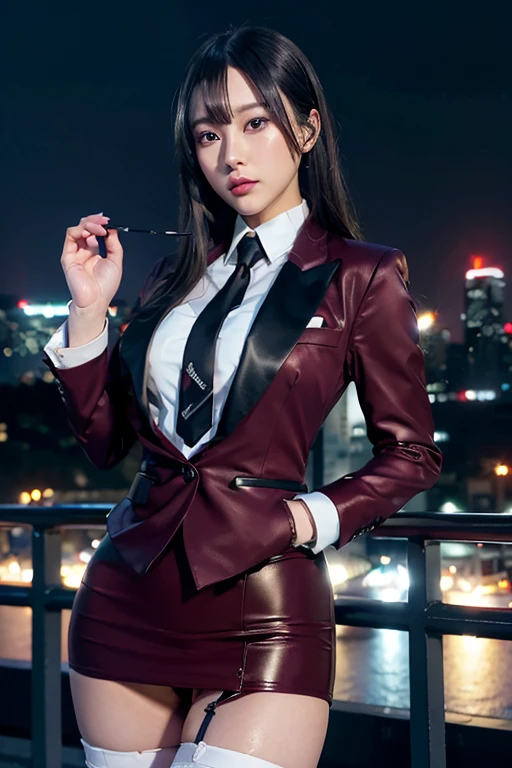 Highest quality,Ultra HD,8k,(Beautiful 25 year old Asian hit woman), (Wolf cut black hair), (White skin), (Serious face), Wine red skirt suit 1.5, (((Three-piece suit))), (((Dress shirt))), (((tie))), blazer,(Thigh 1.2,Glamorous Body), (((Burgundy suit jacket))), Black shiny lapel, (((Bodycon mini skirt))), Tight Skirt, tights, pantyhose, Cufflinks, (Night city background), View from the front, Well-groomed and beautiful face 1.2, Dynamic pose, Ambient Lighting, Photographic realism, Intricate facial details, Exquisite handcrafted details, Very detailed, Vibrant colors, Cinematic, High resolution, Trending Styles Raw on Artstation, , Excited,