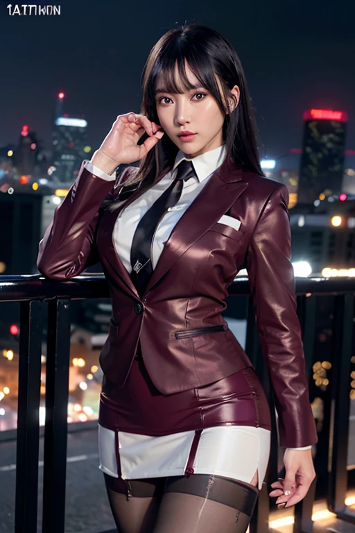 Highest quality,Ultra HD,8k,(Beautiful 25 year old Asian hit woman), (Wolf cut black hair), (White skin), (Serious face), Wine red skirt suit 1.5, (((Three-piece suit))), (((Dress shirt))), (((tie))), blazer,(Thigh 1.2,Glamorous Body), (((Burgundy suit jacket))), Black shiny lapel, (((Bodycon mini skirt))), Tight Skirt, tights, pantyhose, Cufflinks, (Night city background), View from the front, Well-groomed and beautiful face 1.2, Dynamic pose, Ambient Lighting, Photographic realism, Intricate facial details, Exquisite handcrafted details, Very detailed, Vibrant colors, Cinematic, High resolution, Trending Styles Raw on Artstation, , Excited,