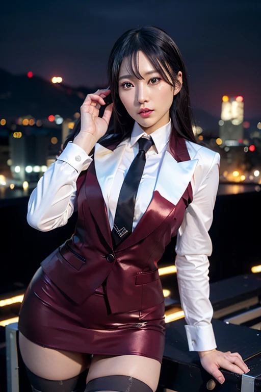 Highest quality,Ultra HD,8k,(Beautiful 25 year old Asian hit woman), (Wolf cut black hair), (White skin), (Serious face), Wine red skirt suit 1.5, (((Three-piece suit))), (((Dress shirt))), (((tie))), blazer,(Thigh 1.2,Glamorous Body), (((Burgundy suit jacket))), Black shiny lapel, (((Bodycon mini skirt))), Tight Skirt, tights, pantyhose, Cufflinks, (Night city background), View from the front, Well-groomed and beautiful face 1.2, Dynamic pose, Ambient Lighting, Photographic realism, Intricate facial details, Exquisite handcrafted details, Very detailed, Vibrant colors, Cinematic, High resolution, Trending Styles Raw on Artstation, , Excited,