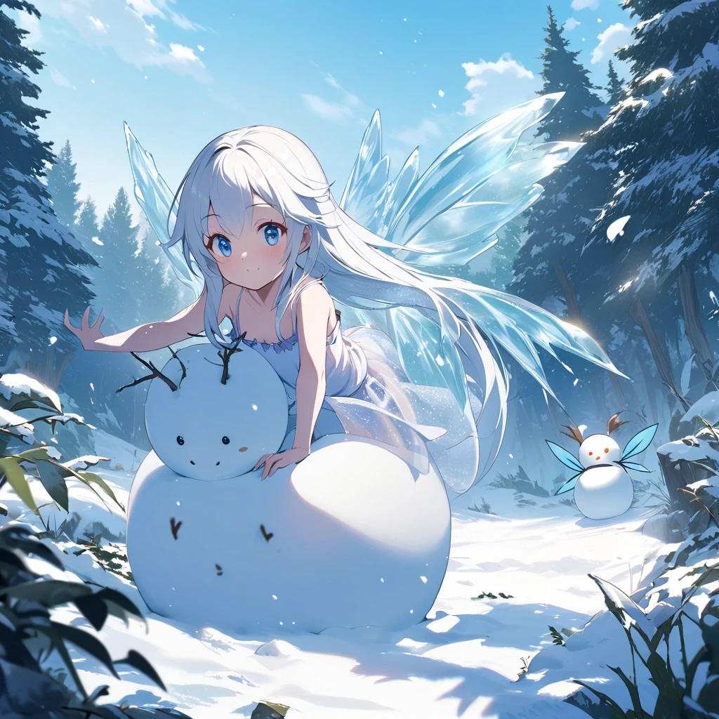 One woman,Ice fairy making a snowman,Young face,White Hair,blue eyes,Winged,Four Feathers,fluffy,Translucent wings,Ice,Short,Wearing a camisole, magical sky,Blue sky,in the forest,it&#39;s snowing,very mysterious