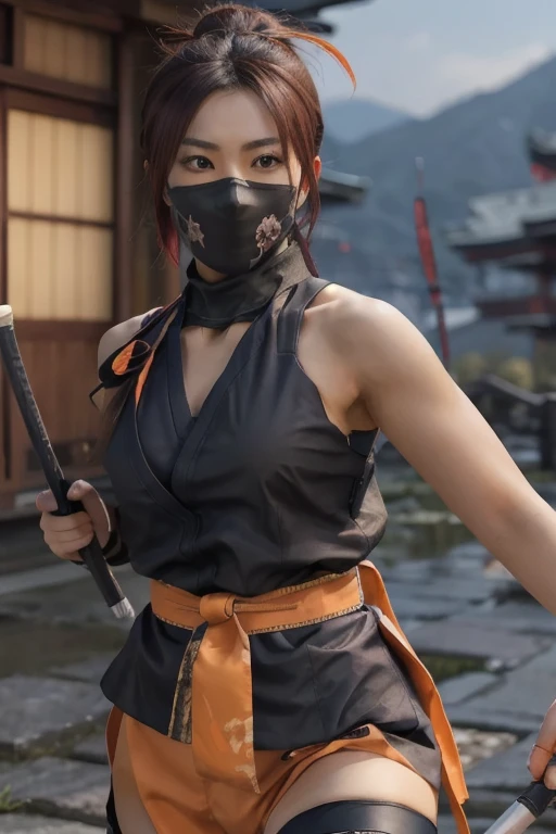 Highest quality,Ultra HD,Best AI Images, Full body photo,Rendering beautiful brush strokes, Very detailed vfx portrait of, Female ninja, A Japanese female ninja, cgsociety と fenghua zhong, Covert behavior, A female ninja, Pose 1 for battle preparation.3,Japanese woman portrait, , Trending on deviantart, ((Orange short ninja costume.5,Sexy Ninja)), Japanese spy, 3D Rendering, Beautiful face 1.5, Key Visual, Vibrant, (((Background of a Sengoku period mansion))), Very detailed, grow,