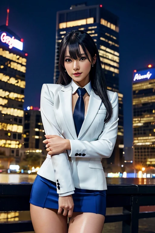 Highest quality,Ultra HD,8k,(Beautiful 25 year old Asian hit woman), (Wolf cut black hair), (White skin), (Serious face), Blue skirt suit 1.5, (((Three-piece suit))), (((Dress shirt))), (((tie))), blazer,(Thigh 1.2,Glamorous Body), (((blue suit jacket))), Black shiny lapel, (((Bodycon mini skirt))), Tight Skirt, tights, pantyhose, Cufflinks, (Night city background), View from the front, Well-groomed and beautiful face 1.2, Dynamic pose, Ambient Lighting, Photographic realism, Intricate facial details, Exquisite handcrafted details, Very detailed, Vibrant colors, Cinematic, High resolution, Trending Styles Raw on Artstation, , Excited,