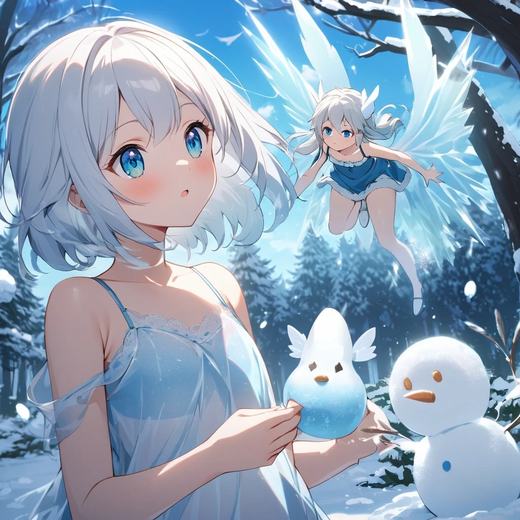 One woman,Ice fairy making a snowman,Young face,White Hair,blue eyes,Winged,Four Feathers,fluffy,Translucent wings,Ice,Short,Wearing a camisole, magical sky,Blue sky,in the forest,it&#39;s snowing,very mysterious